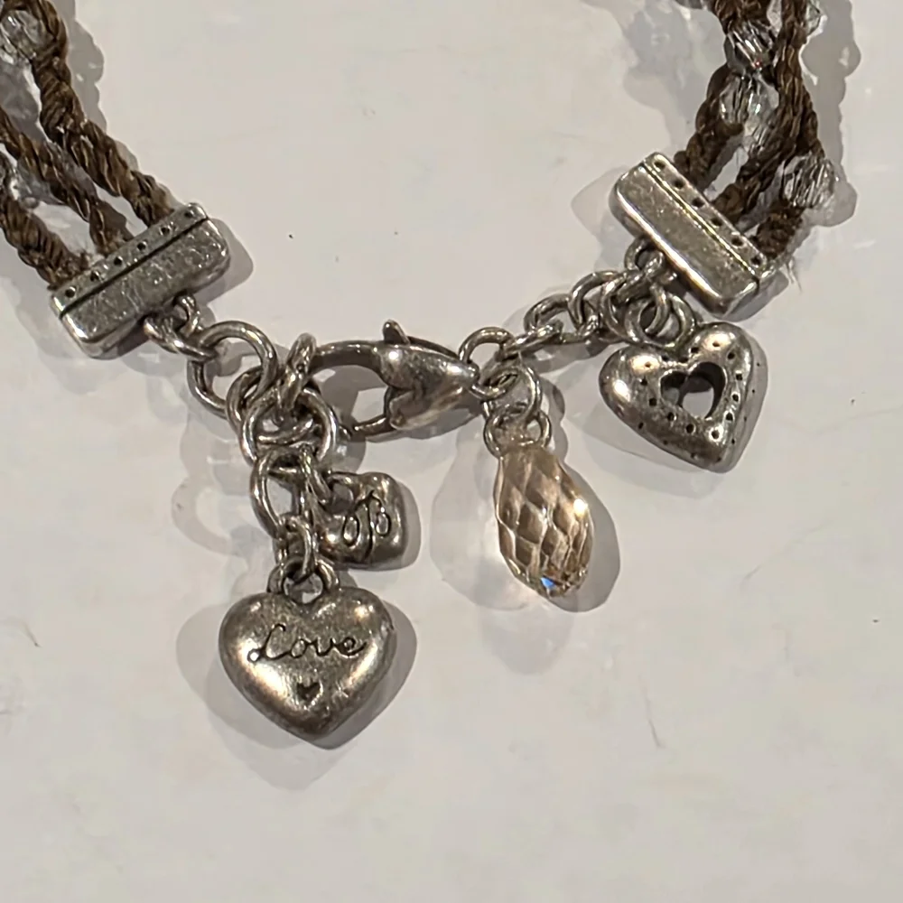 Brighton Brown Braided Beaded Silver Heart Charm Bracelet‎